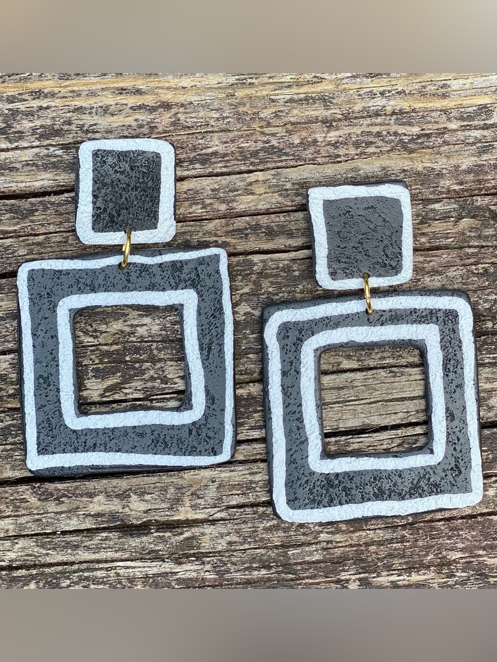 Handcrafted Geometric Square Drop Earrings in Gray and White